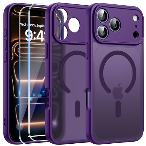 FLLAO Funda para iPhone 17 Pro MAX, Compatible MagSafe, con 2 Piezas Protector de Pantalla Cristal Templado, [Protección de Cámara] Magnética Translúcida Mate Carcasa, Morado Oscuro