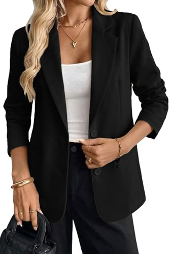 ELLEVEN Business Casual Blazer for Women, Long Sleeve Boyfriend Fit Loose Fit Work Office Suit Jacket Work Lapel Collar Open Front Blazer Suit with Pockets Black Medium