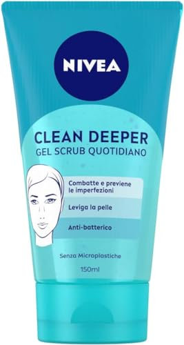NIVEA Clean Deeper Gel Scrub Viso Quotidiano 150 ml, Esfoliante viso per brufoli e punti neri, Scrub viso donna e uomo antibatterico con estratto di magnolia e acido lattico