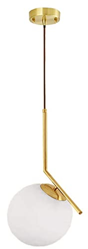 HJXDtech Lampada a sospensione moderna a sfera in vetro bianco, lampada da soffitto in metallo ottone, Lampadario da cucina per soggiorno e sala da pranzo (1-luce)
