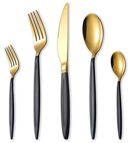 HOMQUEN 30-Teiliges Besteckset aus Schwarzgold, Edelstahl Besteck Set, Titan Gold Löffel und Sprühfarbe Griff Besteck Set, Service Set für 6 (Mattschwarz mit Glänzendem Gold)