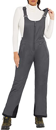 GEMYSE Pantalon de Ski Femme Imperméable et Coupe-Vent Salopette avec Bretelles Réglables pour Neige et Snowboard(Noir Gris,XL)