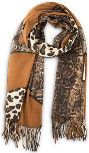 fashionchimp Winter-Schal für Damen mit Animal-Print-Muster, Fransensaum Schal, warme Qualität (Camel)