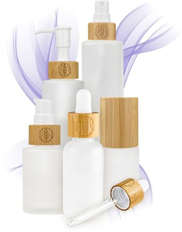 Wachsmann Hochwertige Glasflaschen mit Bambusdeckel aus Milchglas | Pipette für Kosmetik und Öle | 5 Stück | 30ml