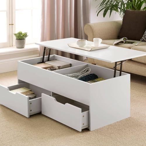 Home Source Lift Up Top Living Room Coffee Table, Pivoting Lid, Locking Support, 2 Large Storage Drawers, White