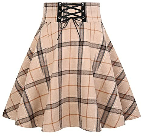 IDEALSANXUN Khaki Skirt for Women 2026 Fall Winter Pleated Mini Plaid Skirt (Large, Plaid Khaki)