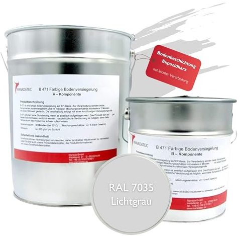 MANADATEC 2k Epoxidharz Bodenbeschichtung 5kg I RAL 7035 Lichtgrau I Lösemittelfrei, Umweltfreundlich & Geruchsneutral I Beschichtung für Garagen- & Kellerböden I Hohe Schlagfestigkeit