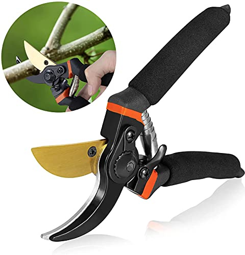 8 Inch Titanium Bypass Pruners, High-Carbon Steel Gardening Shears, Ergonomic Hand Pruning Tools for Hedges, Trees & Bonsai, Durable Gold Finish