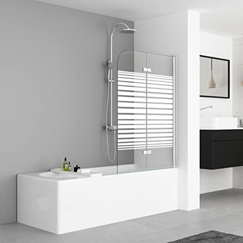 IMPTS 120x140cm Duschwand für Badewanne 2 TLG Badewannenaufsatz | Faltwand Duschtrennwand mit Milchglas Streifen Duschabtrennung 6mm ESG-Sicherheitsglas teilsatiniert, inkl. Nanobeschichtung
