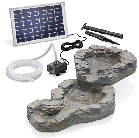 esotec Solar Bachlauf für Gartenteich Komplettset, 2 Bachlaufschalen, Teichpumpe, Naturstein Optik, Erdspieß Solarmodul, Solarbrunnen, Wasserspiel Vogeltränke Wasserfall, Polyresin, außen, 101308