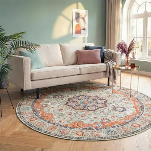 FRAAI | Home & Living Vintage Teppich Rund - Imagine Medaillon Grün - Ø 160 cm - Baumwolle, Polyester - Flachgewebe - Vintage, Orientalisch - Wohnzimmer, Esszimmer, Schlafzimmer
