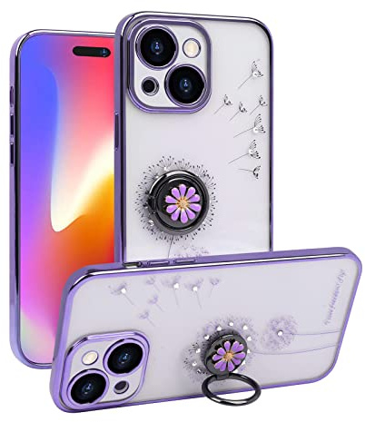 VALRION Compatible with iPhone 14 Plus Case with Ring Stand Holder&Kickstand Phone Cover Flash Diamond Dandelion Case Soft TPU Anti-Yellowing Shockproof Protective Bumpers for Women Girls Purple