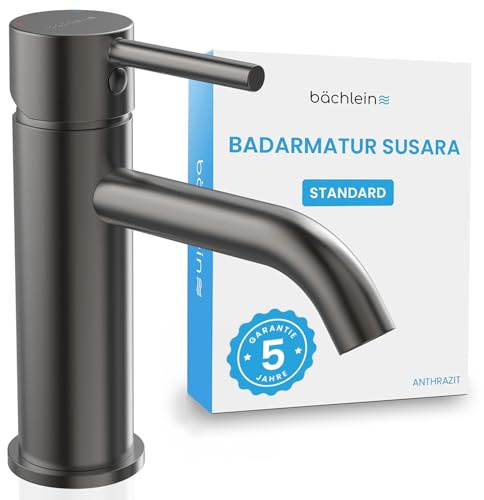 Bächlein Badarmatur Susara mit gebogenem Auslauf, Design Einhebelmischer mit langlebiger Keramikkartusche und Montage-Set, Bad Wasserhahn Anthrazit