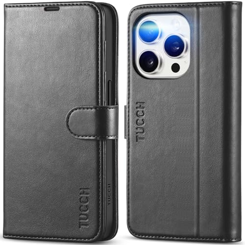 TUCCH Custodia Portafoglio per iPhone 15 Pro 6,1, Nero | Pelle Sintetica TPU Antiurto, RFID Blocking, Funzione Supporto, Slot Schede, 5G