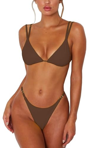 ForBeautyShe Womens 2 Piece Brazilian Thong Bikini Sets High Cut Swimsuits Padded Triangle Top Bathing Suits Brown S
