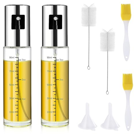 Udbrud 2 Pack Oil Spray Bottle, 100ml Glass Olive Oil Sprayer, Oil Dispenser Bottle, with 2 Funnel and 4 Brush, Multifunctional Oil Sprayer Dispenser for Salad Baking BBQ Air Fryer Roasting