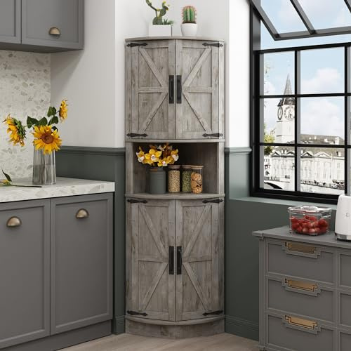 Vabches 64.8 Tall Farmhouse Corner Cabinet with 4 Doors and 5 Storage Shelves, Farmhouse Storage Cabinet with Barn Door Design, Home Space Saver for Living Room, Kitchen, Laundry Room,Grey