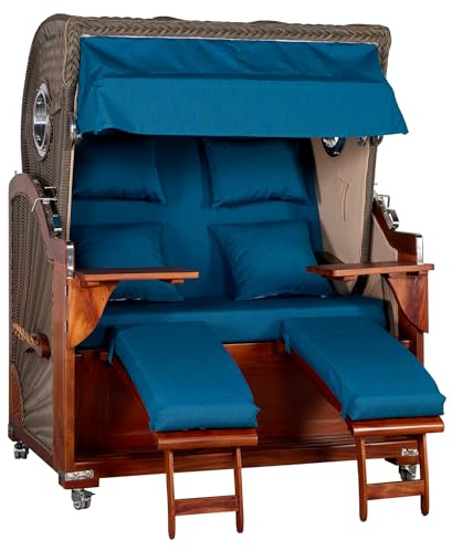 Webavita Strandkorb Romy Blau Dunkel edles Mahagoni | Luxus 2,5-Sitzer Volllieger mit Bullauge | Premium Urlaubsfeeling für zuhause Terrasse Balkon | Sonnenliege