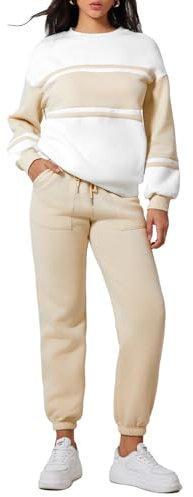 Herseas Langärmeliges Damen-Sweatshirt mit Rundhalsausschnitt, Farbblock-Sweatshirt mit Jogginghose, 2-teiliges Outfit, Trainingsanzug, Lounge-Set, Beige, Small