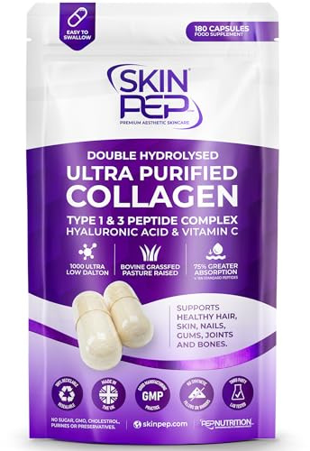 Bio-Active 100% Pure Bovine - SkinPep Hydrolysed Collagen Peptides 1080mg -180 Capsules | Vitamin C & Hyaluronic Acid | Grass-Fed, Halal Certified, Made in UK | Type I & III Skin, Hair & Joint Support