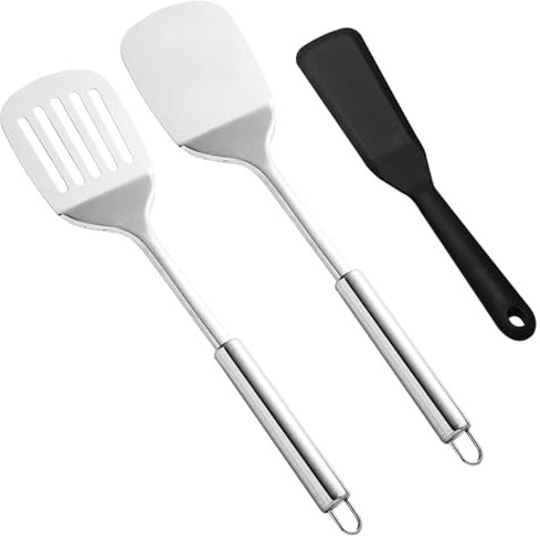 3 Stück Pfannenwender Edelstahl mit Pfannenwender Silikon, Edelstahl Spatel Set Pfannenwender Metall, Schlitzwender Solider Pfannenwender, Robuster Küchenhelfer Set mit Hoher Hitzebeständigkeit