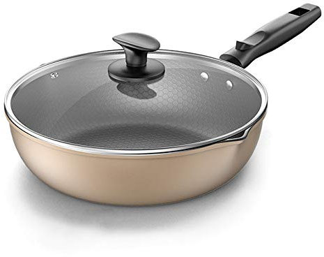Pentola Cucina, Padella Saltare in Ferro a Nido d'Ape con Coperchio in Vetro, Rivestimento Antiaderente Adatta a Tutti i Piani Cottura, Inclusa l'induzione, Manico in Silicone Cool Touch