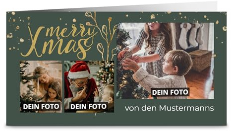 printplanet® - Personalisierte Weihnachtskarte mit eigenen Fotos bedrucken lassen - Weihnachtskarten selbst gestalten - Motiv: Merry Xmas - Grün