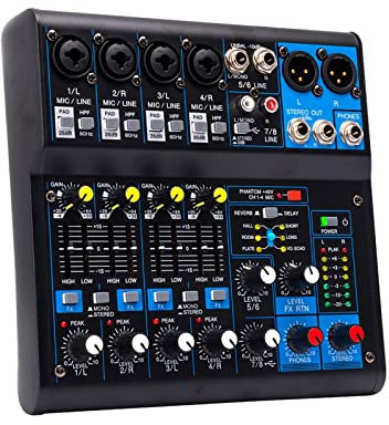 Mezclador de audio profesional Mezclador de de 6 canales Consola de mezcla de sonido portátil Interfaz USB Entrada de computadora 48V Monitor fantasma Grabación de para grabación de estudio(AS-06)