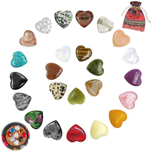 24 Stück Herz Stein - Heilung Kristall Edelsteine für Liebhaber, Amethyst Herz Liebe Herz Deko, Bunte Herzen Steine Set, Heilsteine Herz Kristalle Set für Chakra Reiki Balancing Valentinstag