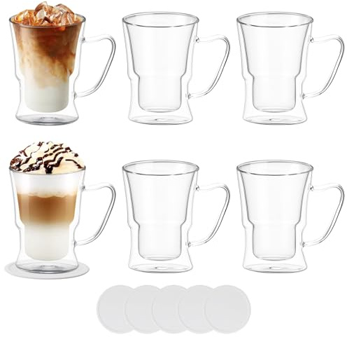 FOGAWA 6PACK Double Walled Glass Coffee Mugs 350ml Latte Glasses Coffee Glasses with Handle Iced Coffee Cup Insulated Glass Cups Heat Resistant with Coasters for Cappuccino Juice Tea Milk Beer