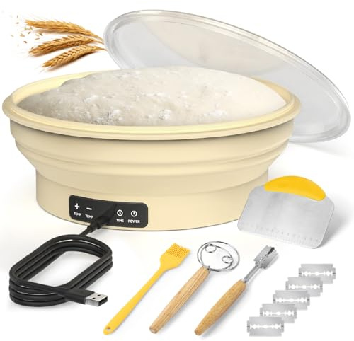 MOWETOO Gärkörbchen mit Heizfunktion und Timer – Rundes Silikon Gärkorb 30cm Brot Backen Zubehör für Sauerteig inkl. Teigschneebesen Teigteiler Silikonpinsel Brotrasierer