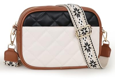 Prite Sac à Main Femme en Cuir PU Sac Bandoulière avec Color-Blocking Design Crossbody bag avec Sangle Réglable et Amovible Petit Sac pour Shopping, Voyage, Quotidien (Marron-Beige-Noir)