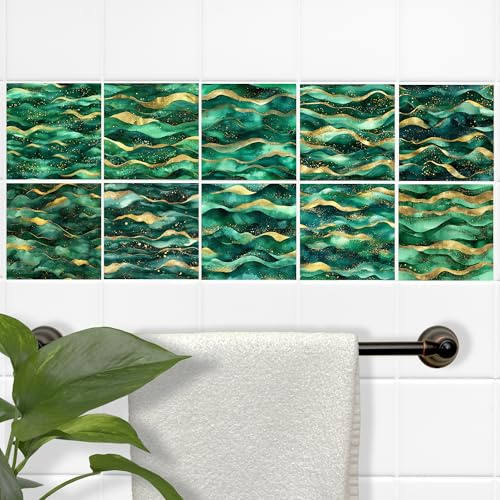 GRAZDesign Fliesenaufkleber Grün Gold - Selbstklebende Wandsticker für Bad & Küche, Dekorative Fliesenfolie im Edel-Schimmer-Design, Wasserdicht & Leicht Abziehbar - 20x25cm / 20 Stück