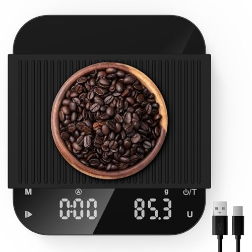 Bascula Cafe, [0.1g/3kg-Carga USB] Diyife Báscula de Café Digital con Temporizador, Escala de Café con LED Display, Tara Automática, Cubierta de Silicona, para Espresso y Goteo, Laboratorio, Joyería