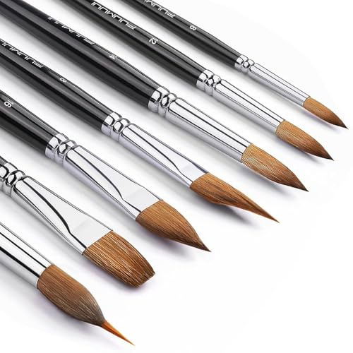Fuumuui 7PCS Kolinsky Sable Watercolor Brush Set, Professional Artist Paint Brushes with Patented Extended Point Design, Round, Flat, Dagger, Cat's Tongue for Watercolor, Gouache & Ink