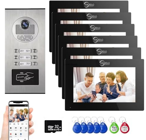 Wired Video Apartment Intercom System,1080P Video Doorbell,6 Units 7 inch Touch Monitor Video Door Phone Indoor Outdoor Kit,Motion Detect, 2 Way Audio, 6-Screen for Home Tuya (1 Doorbell+ 6 Monitor)