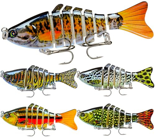 5Pcs Fishing Lures, 3D Bionic Swimming Lure baits, Multi Jointed Swimbait Robotic bass Fishing Lures Fish Bait for Freshwater Saltwater Lifelike Animated Lure with Sharp Treble Hooks (Bionic)