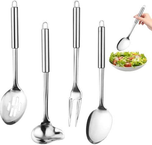 FuxFuis 4 PCS Ensemble d'Ustensiles de Cuisine, Set Ustensile Cuisine, Cuillères de Service en Acier Inoxydable, Cuillère de Cuisine, Louche Cuisines Inox pour Restaurants, Hôtels