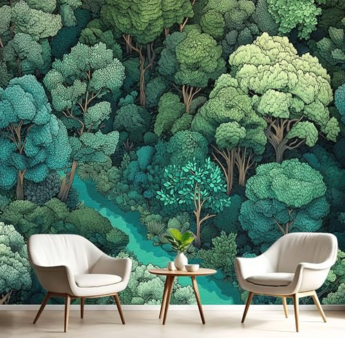 Carta Parati Murale Foresta Fluviale Paesaggio Fantasy 350X256Cm Poster Gigante Fotomurale Seta, Carta Da Parati Panoramica 3D Verde Smeraldo Per Soggiorno Camera Letto Ufficio Tv Sfondo