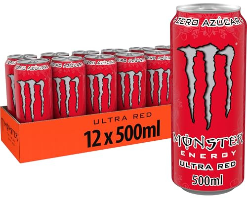 Monster Energy Ultra Red, Bebida EnergéticaPack de -12 Latas de 500ml | Refresco energético zero azúcar con cafeína, taurina, ginseng, vitaminas B, sabor suave a frutos rojos, energía prolongada