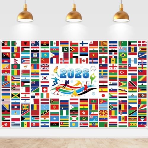DPKOW 2026 Deportes Invierno Decoración, Nacional Mundo Banderas Pancarta Decoración para Deportes Internacionales de Invierno Decoraciones Fondo, 185 x 110 cm