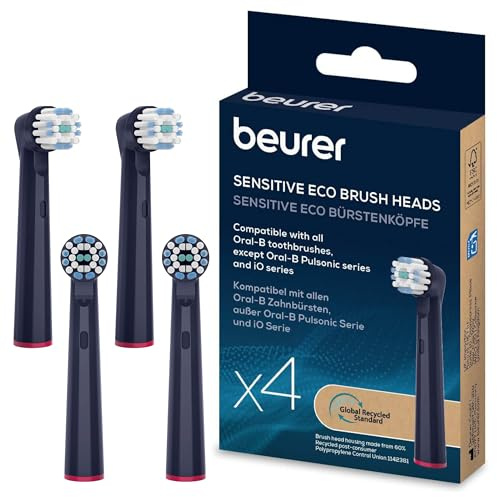 Beurer TB Sensitive Eco Têtes de brosse pour brosse à dents électrique, 4 têtes de brosse compatibles avec Oral-B, poils 100% renouvelables, nettoyage efficace des dents, dureté souple