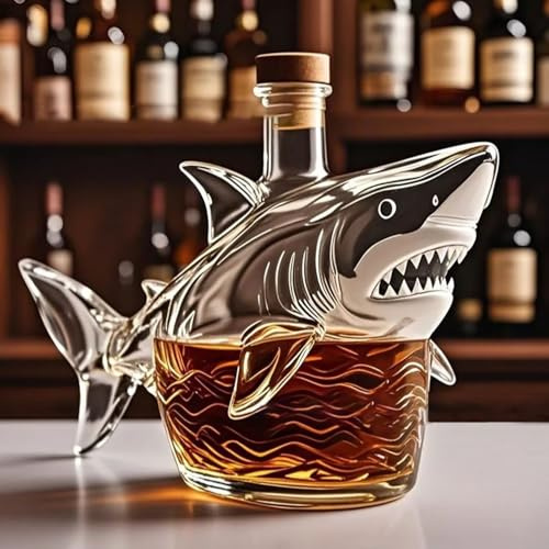 Shark Whiskey Bottle - Handblown Glass Decanter for Rum Vodka Unique Liquor Dispenser, Creative Home Bar Decor Gift for Men, Whiskey Lovers & Collectors
