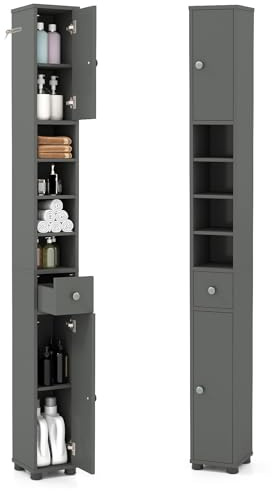 GIANTEX Badschrank Hochschrank, 20 x 20 x 180 cm, Badezimmerschrank Schmal mit Schublade, 2 Türen & 4 offenen Ablagen, Schrank fürs Badezimmer & Wohnzimmer (4 Ablagen, Grau)