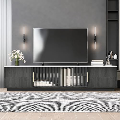 FammyLoft TV Schrank mit Marmorierte Tischplatte, TV Lowboard mit Kabelmanagement, Fernsehtisch mit Schubladen mit Push-to-Open-Funold, 160cm Deluxe TV Stand für 70 TV - Stilvolles, Grau
