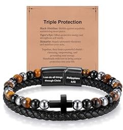 Men Christian Religious Cross Bracelet - Personalised Bracelet Philippians 4:13 Hematite Tiger Eye Bead Black Agate Leather Stainless Steel Jewellery Gift for Men Son Dad Easter God Jesus Bracelet