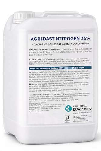 Agridast Nitrogen 35% Concime Liquido Azoto Concentrato Fertilizzante per Fertirrigazione e Applicazione Fogliare – Per Orto, Frutteto, Vite, Prato e Colture Estensive Tanica (10 litri)