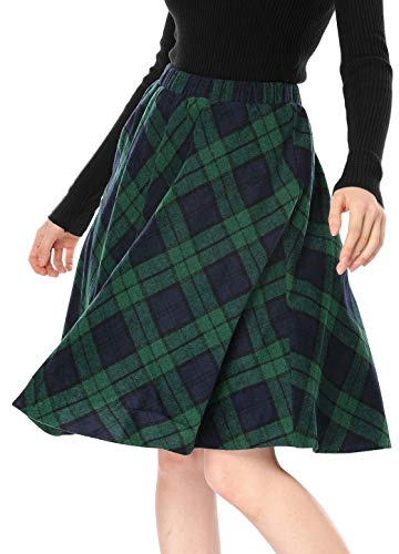 Allegra K Damen Karo Rock Festlich A-Linie Hohe Taille Kammgarn Kariert Midirock | Elastische hohe Taille, A-Linie, knielang, Karomuster, vollständig gefüttert, plissiert, lässiger Herbst und Winter