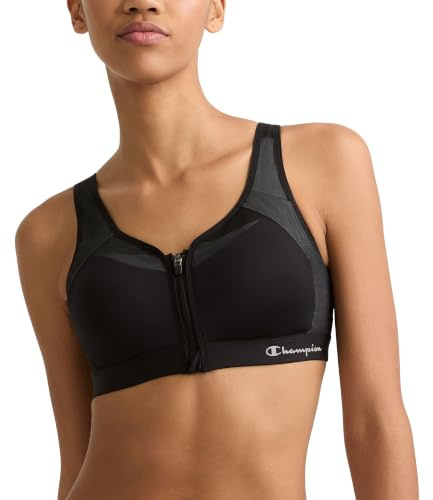 Champion Women's Sports Bra, Motion Control Front-Zip, High-Impact Maximum Support, Breathable, Moisture Wicking, Black, 36C