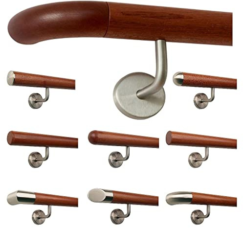TIBU Mahagoni Holz Geländer Handlauf Treppe Griff gewinkelte Edelstahlhalter, Länge 30-500 cm aus einem Stück, Länge 80 cm mit 2 Halter - Enden Holzkrümmling